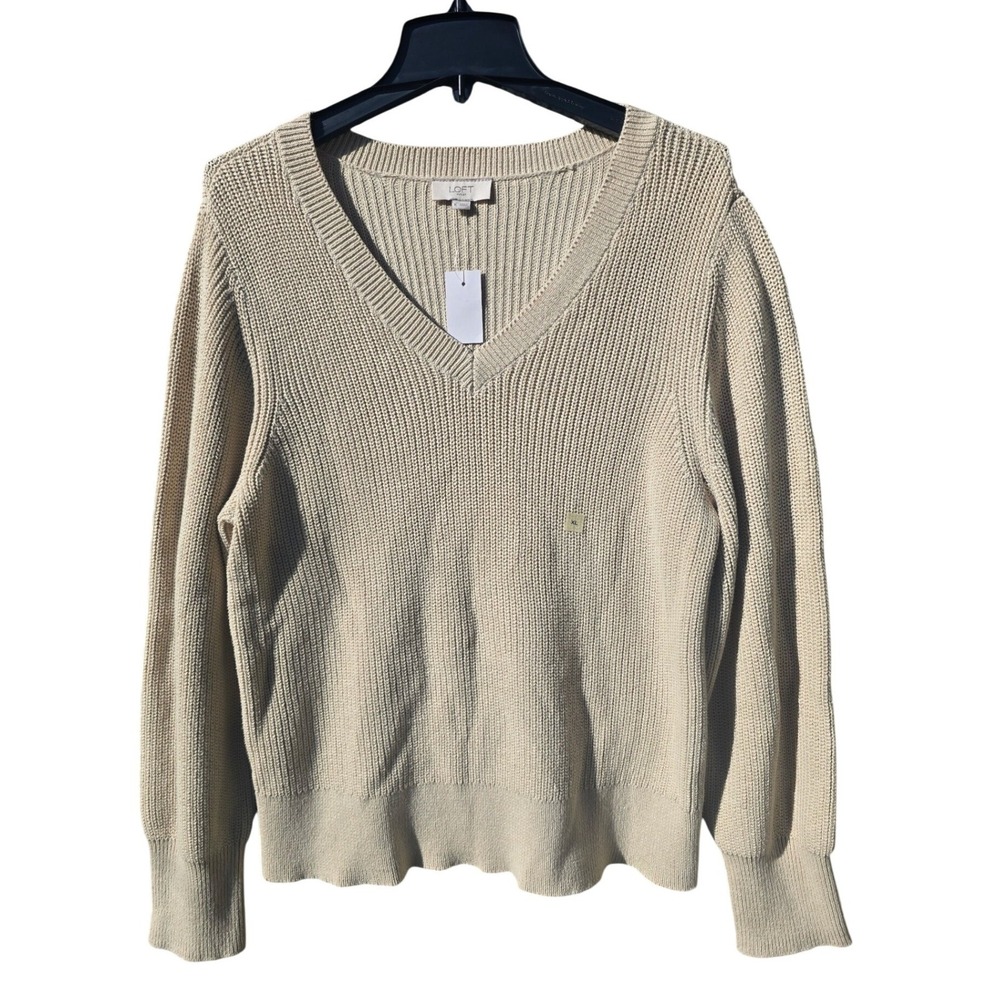 LOFT NWT Womens Beige Ribbed V-Neck‎ 100% Cotton Pullover Sweater XL